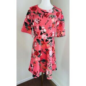 Vince Camuto Floral Scuba Fit & Flare Dress Size 12 Pink Pleated Waist flutter